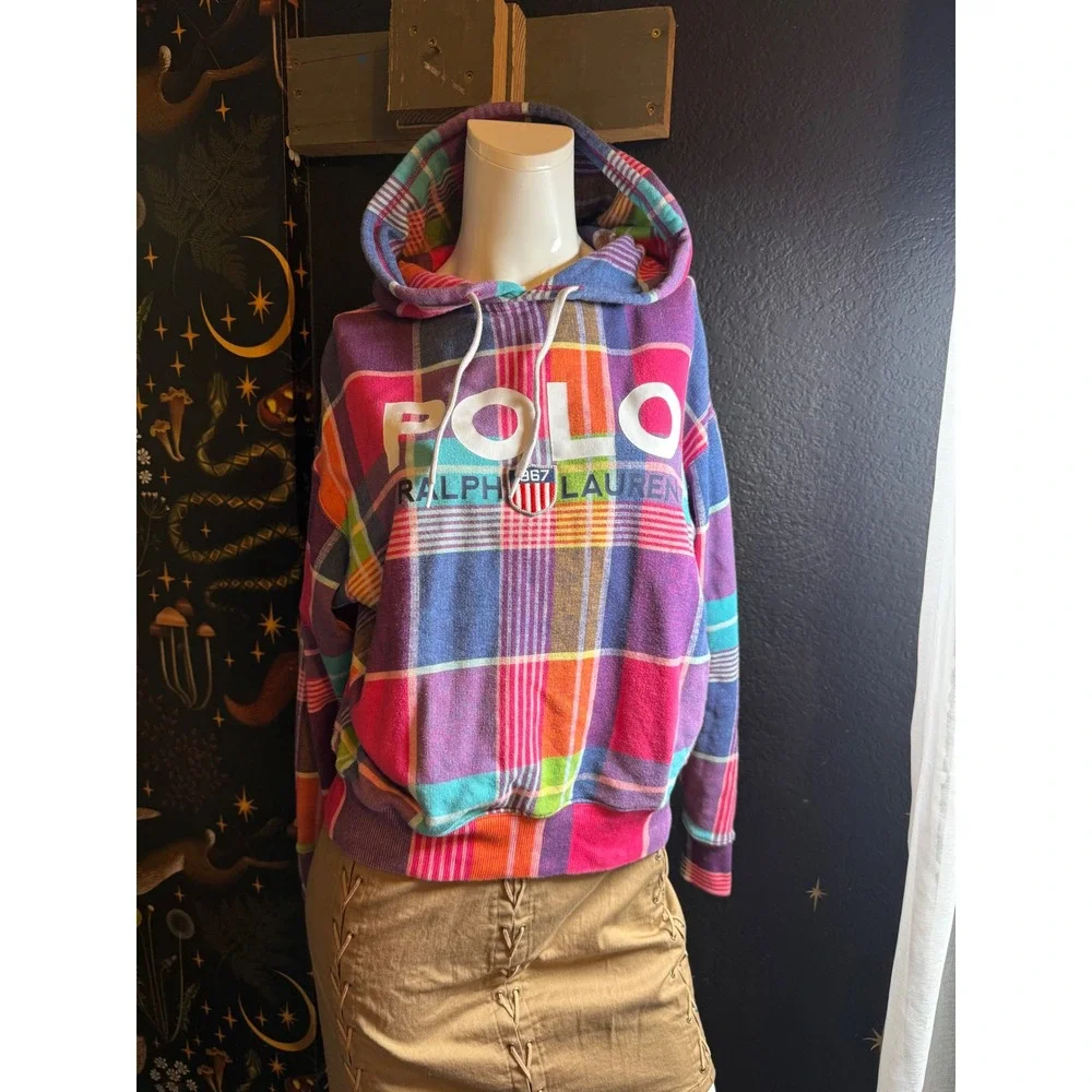 Polo Ralph Lauren Multi Color Plaid Logo Hoodie French Terry XS